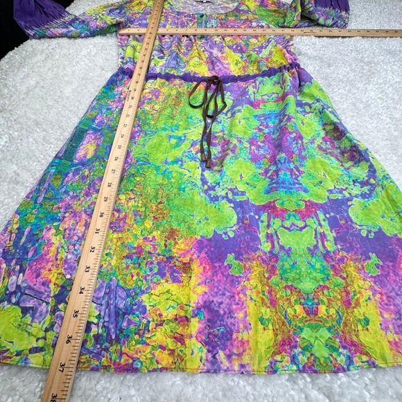 Tibi Silk Half Button Watercolor Dress Tie Waist Purple Green - Picture 9 of 11